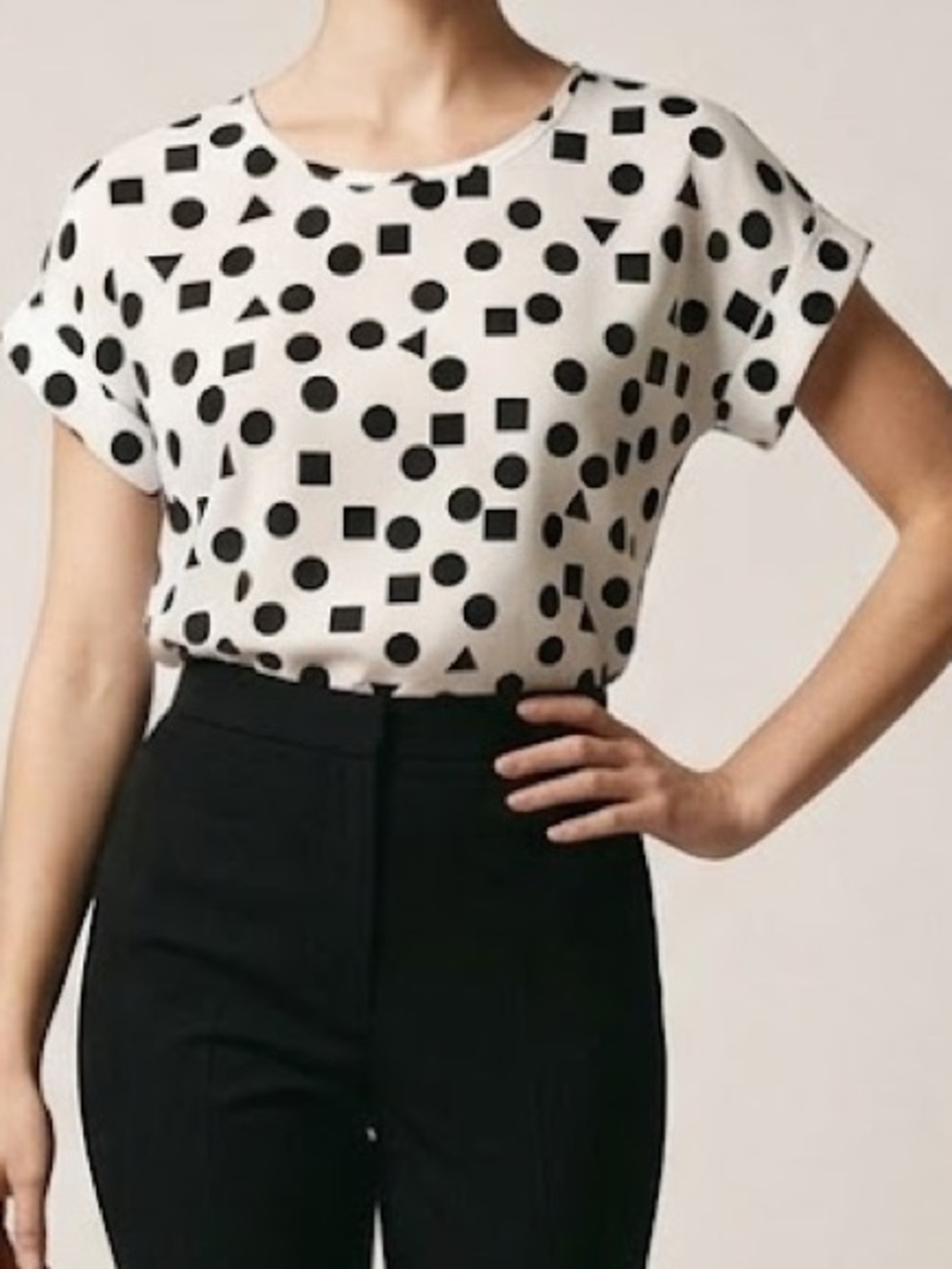 Black and white geometric women’s top, Liva Girl, retro blouse, size medium